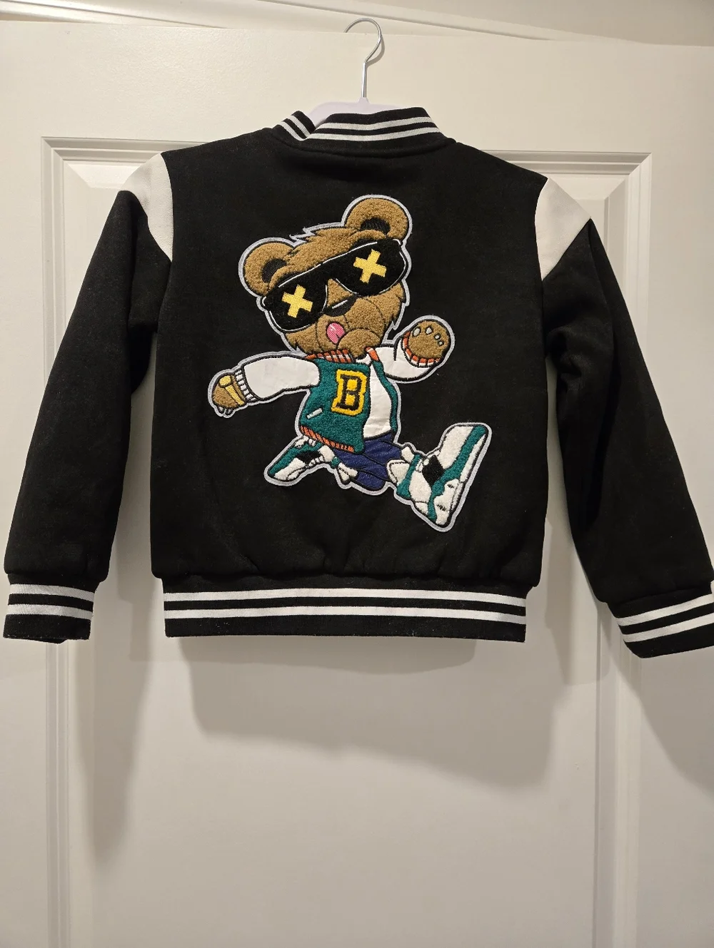Lola + The Boys Black Varsity Bomber Jacket Teddy Bear‎ Graphic - Size 8
